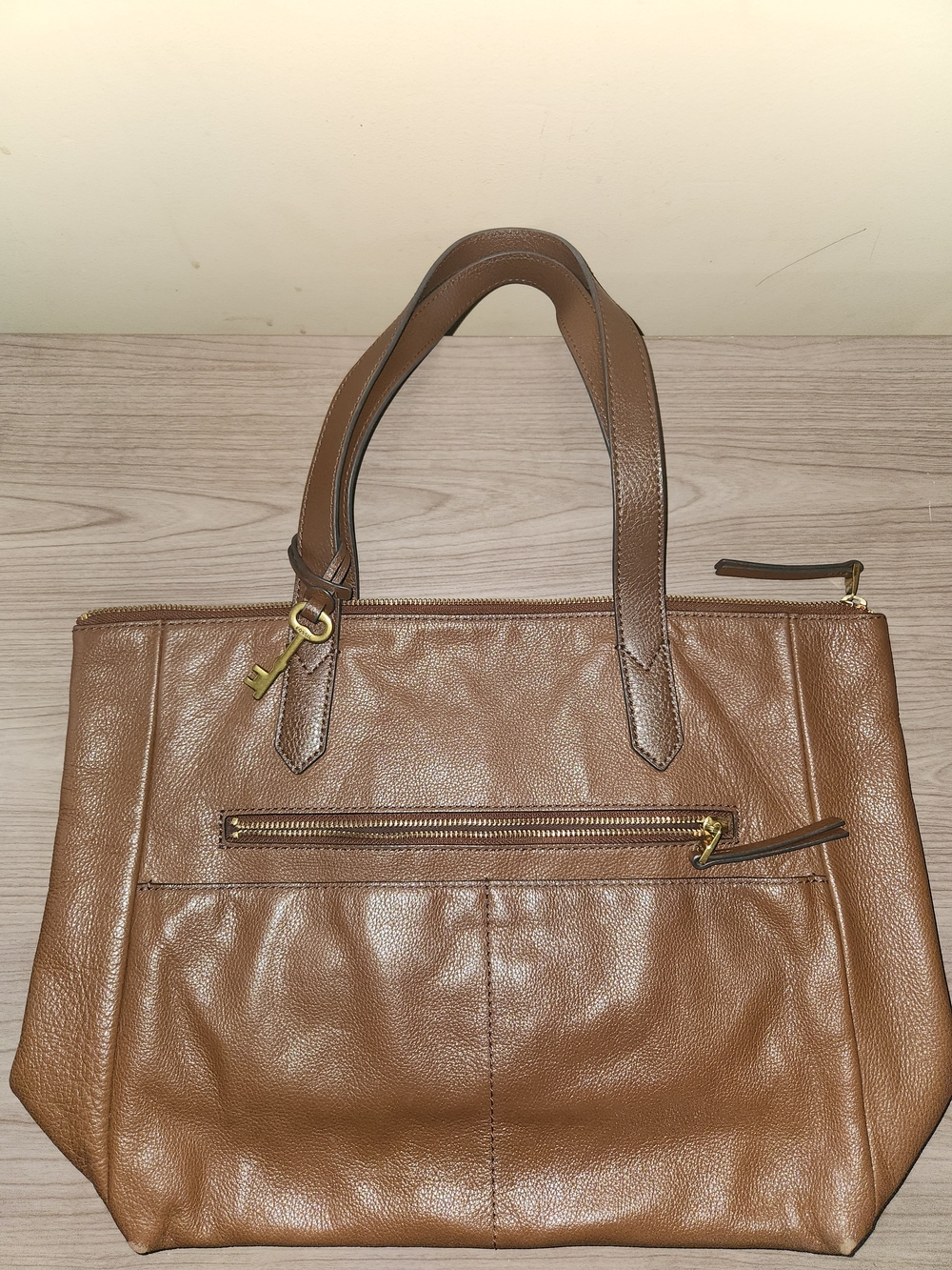 Fossil Brown Leather Tote with Gold Hardware